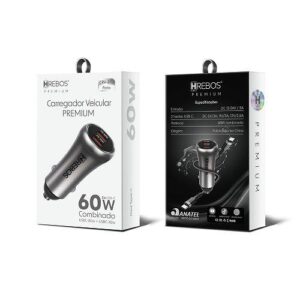 CARREGADOR VEICULAR 2 x USB-C 60W 3A HREBOS CRV-202